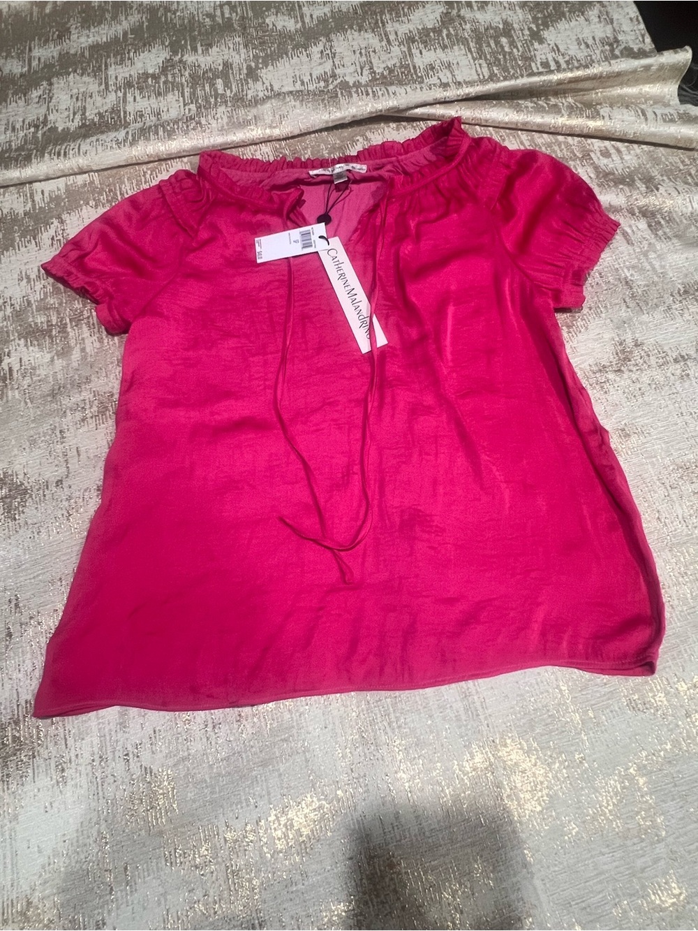 Catherine Malandrino Women's Pink Solid Ruffle Tie Neck Short Sleeve Blouse S/P